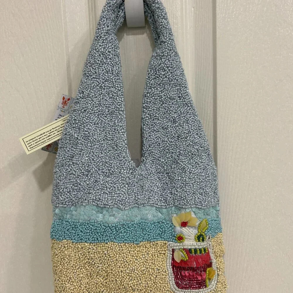 Handmade in India Beaded Beach Scene Bag Tropical Drink Sequins NWT